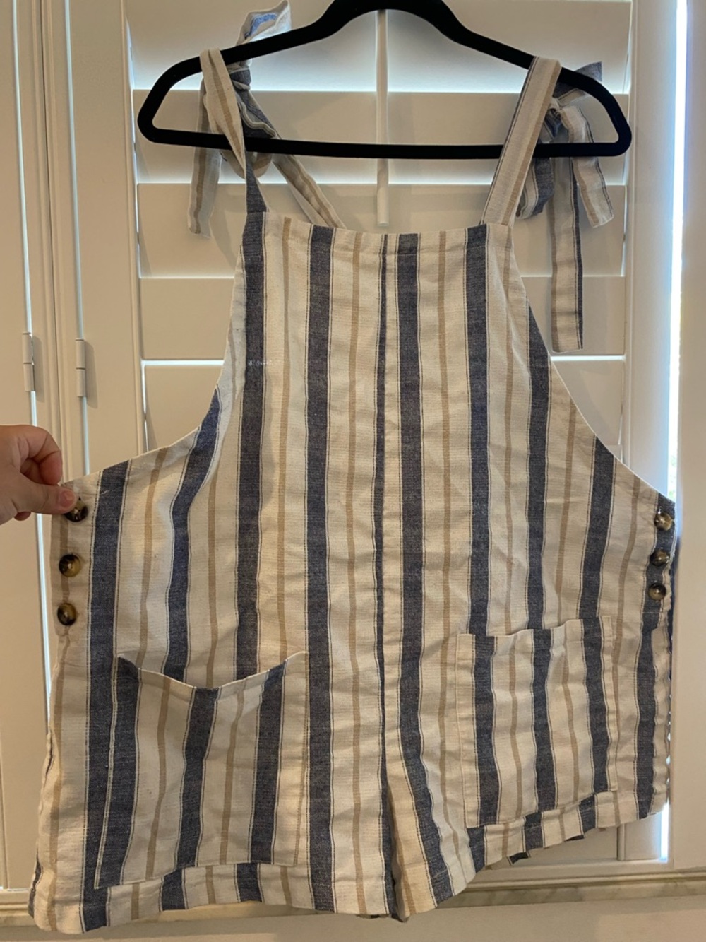 Striped Linen-Blend Tie Strap Romper - Blue & Cream